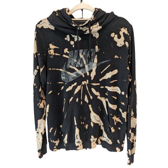 Nike Womens Bleach Tie Dye Hoodie XL High Neck Black Lightweight Blue Tag Grunge - Picture 3 of 16